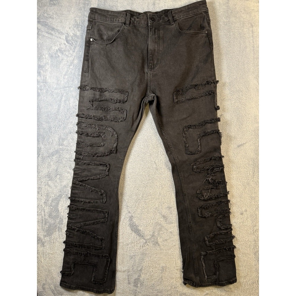 Homme Femme LA Embroidered Jeans Men 36 Black Graphic Spell Out Stretch 36x31.5